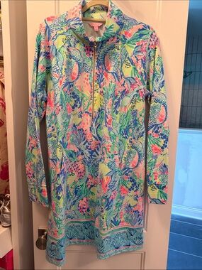 Vibrant Tropical Zip-Front Tunic Dress - Blue, Pink, Green
